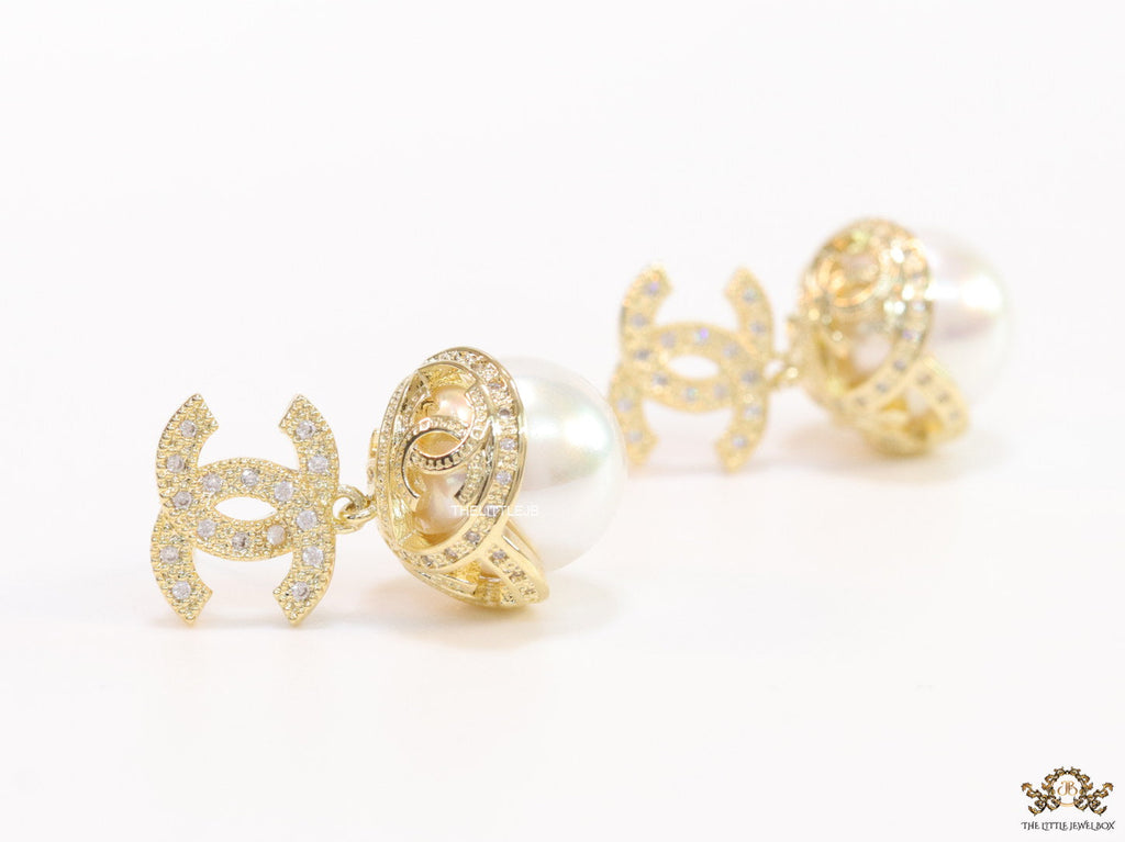 Gold plated twin C earrings in cz with cz capped pearl drop