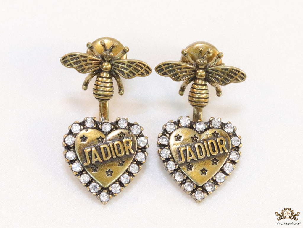 Antique golden bee earrings with alphabet inscribed heart shaped drop