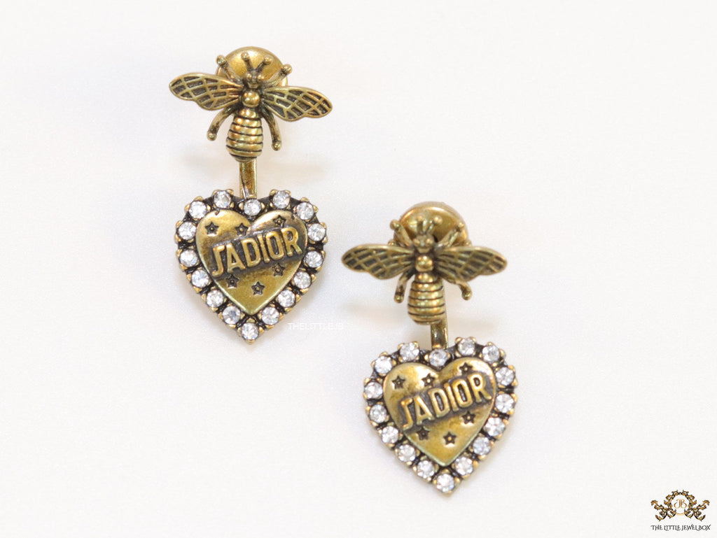 Antique golden bee earrings with alphabet inscribed heart shaped drop