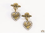 Antique golden bee earrings with alphabet inscribed heart shaped drop