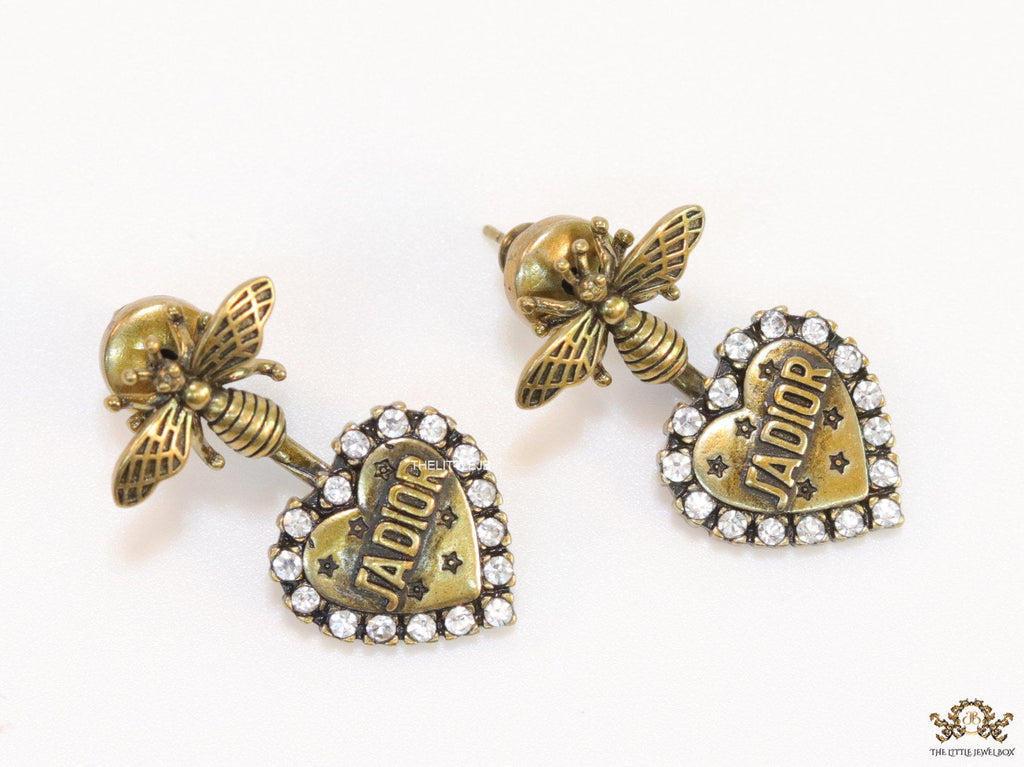 Antique golden bee earrings with alphabet inscribed heart shaped drop