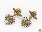 Antique golden bee earrings with alphabet inscribed heart shaped drop