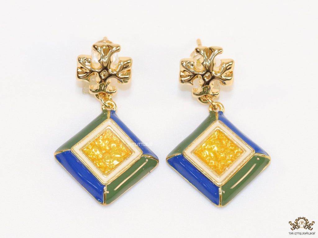 Enamel coated square drop earrings in gold plating