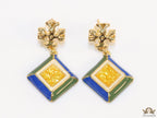 Enamel coated square drop earrings in gold plating