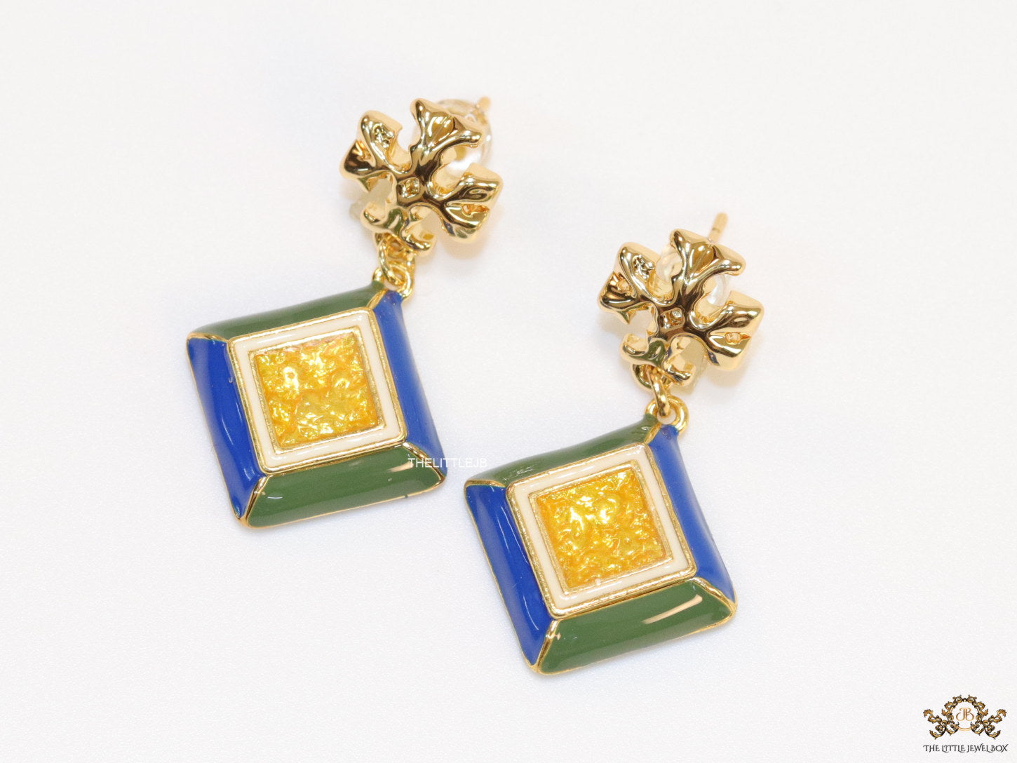 Enamel coated square drop earrings in gold plating