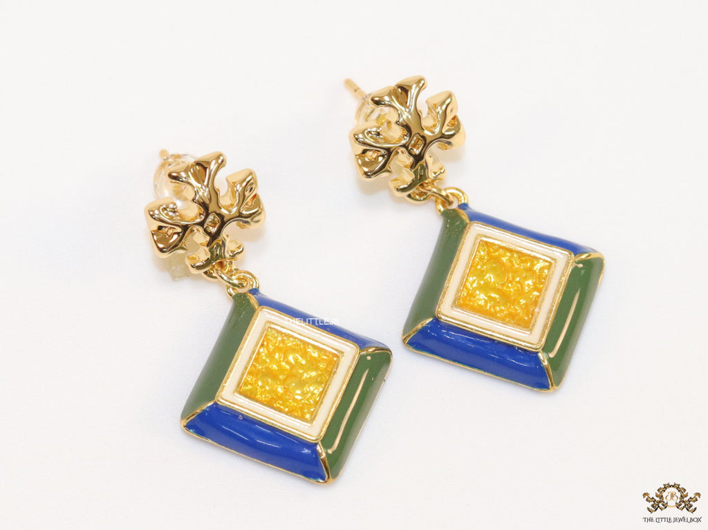 Enamel coated square drop earrings in gold plating