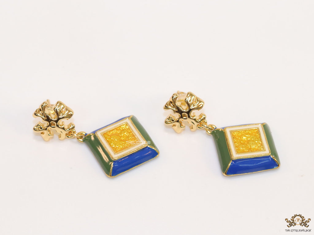 Enamel coated square drop earrings in gold plating