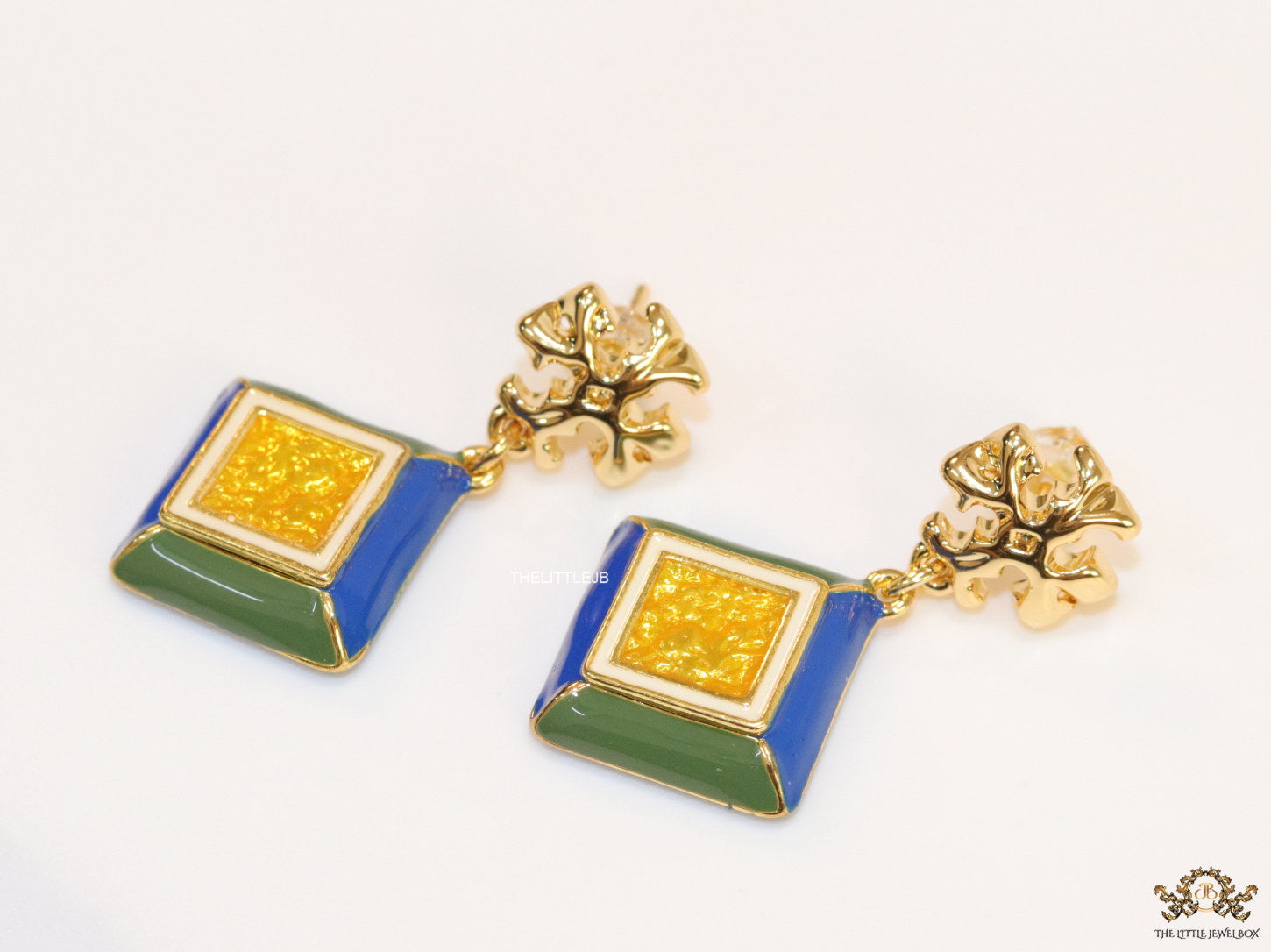 Enamel coated square drop earrings in gold plating