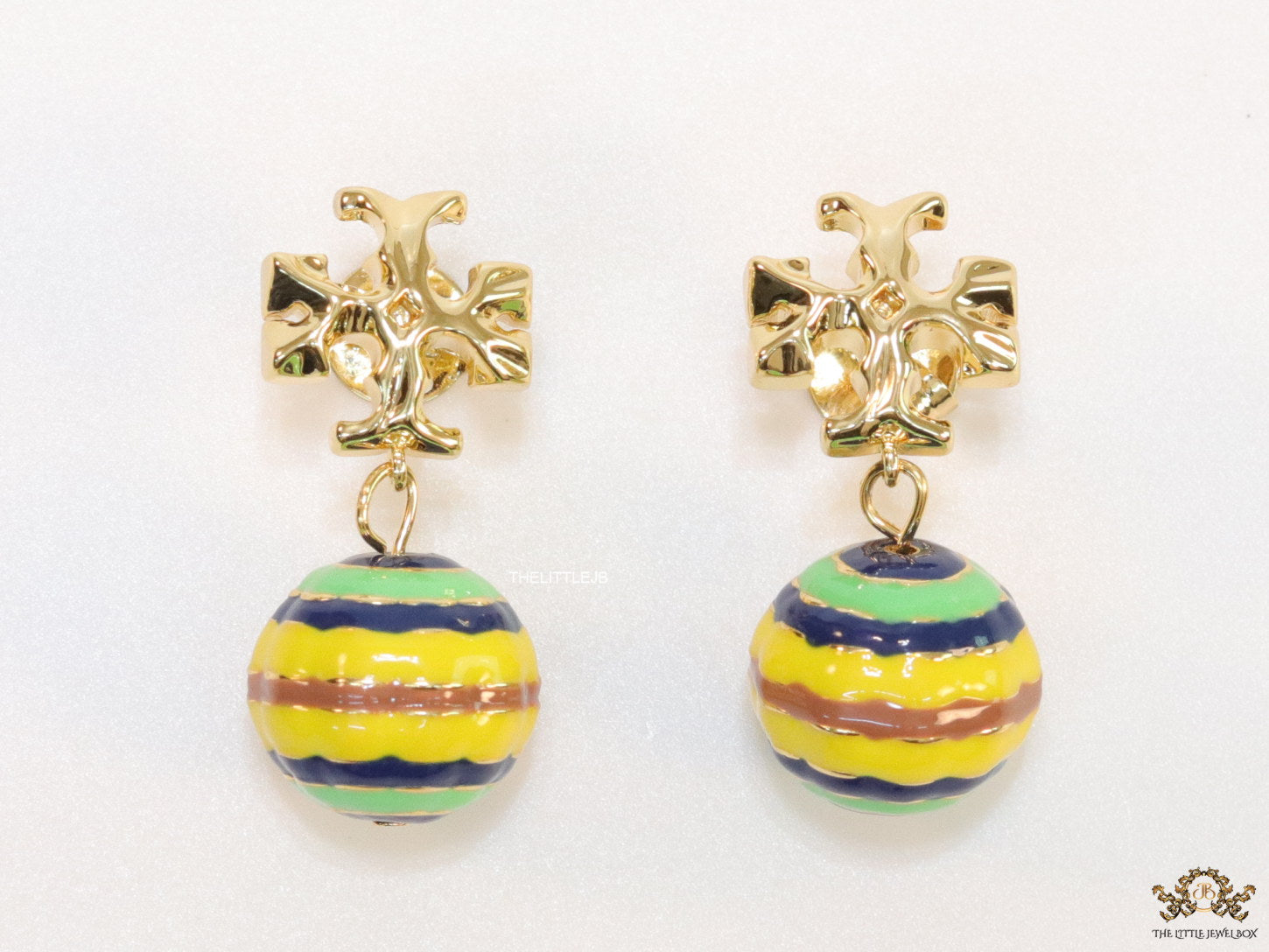 Enamel coated round drop earrings in gold plating