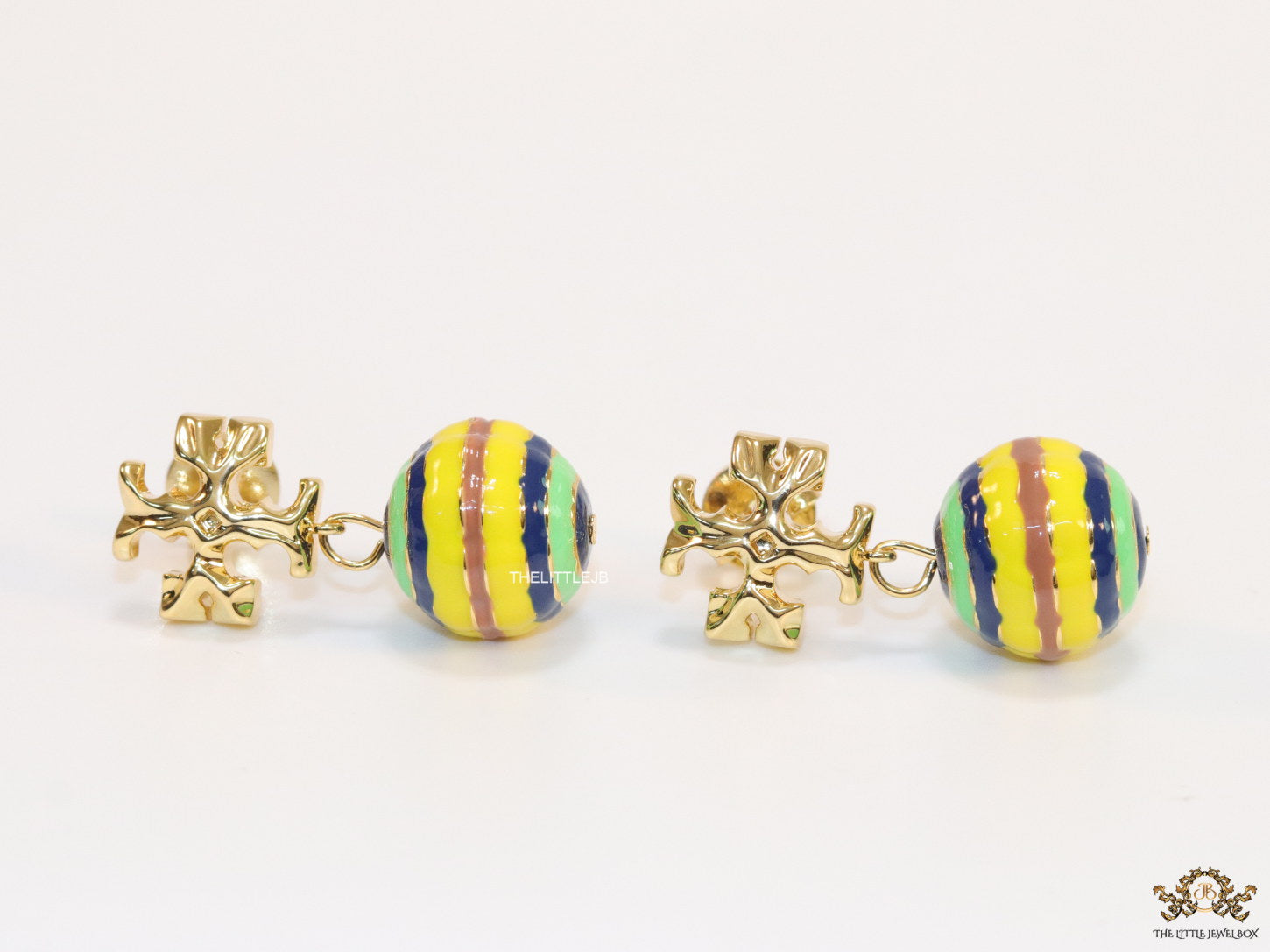 Enamel coated round drop earrings in gold plating