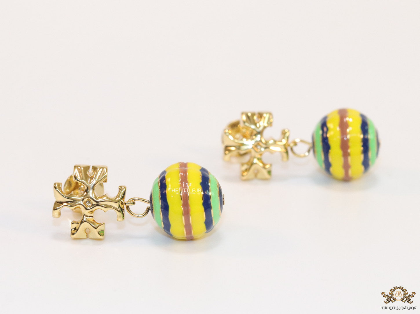 Enamel coated round drop earrings in gold plating