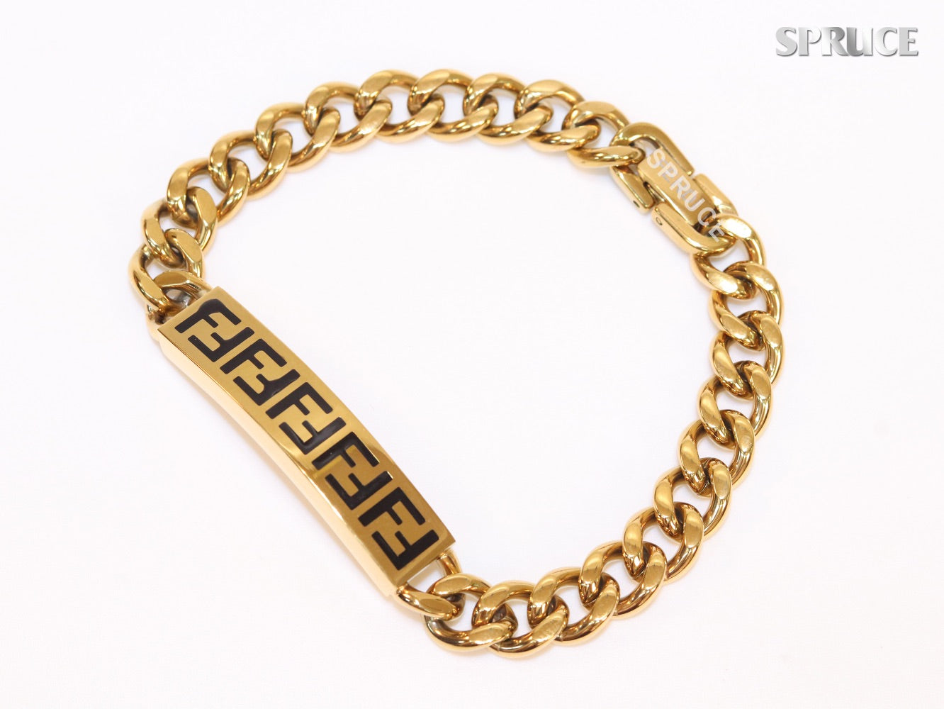 Alphabet F on plate gold link chain bracelet