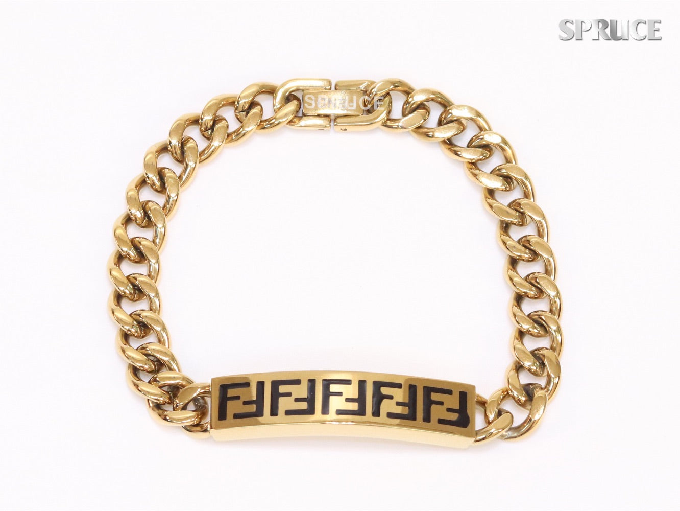 Alphabet F on plate gold link chain bracelet