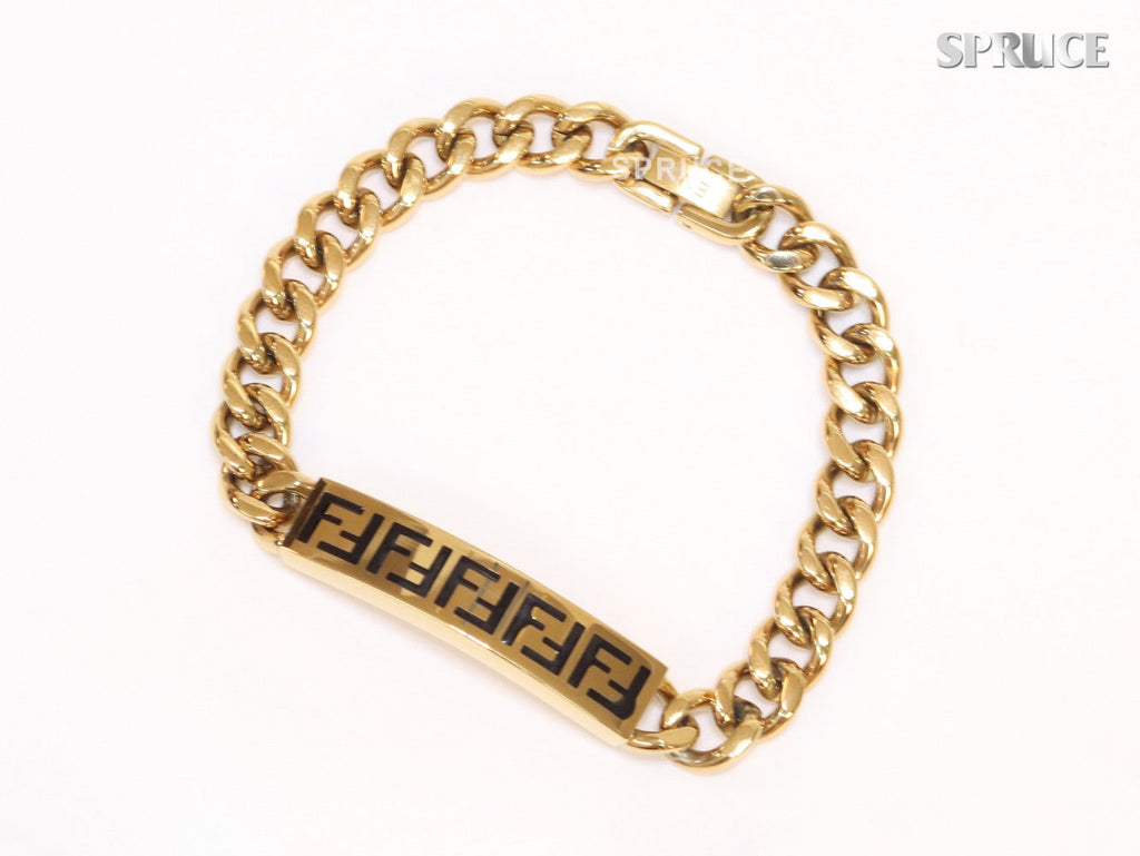 Alphabet F on plate gold link chain bracelet