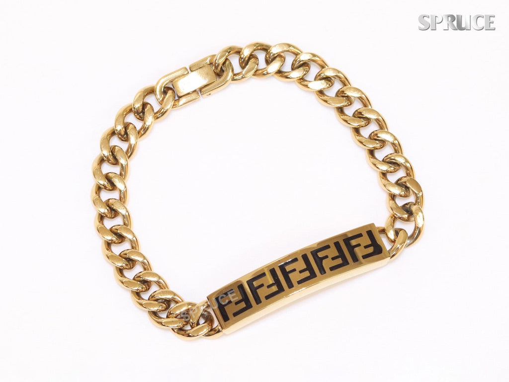 Alphabet F on plate gold link chain bracelet