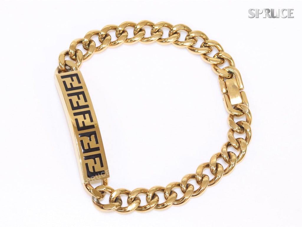 Alphabet F on plate gold link chain bracelet