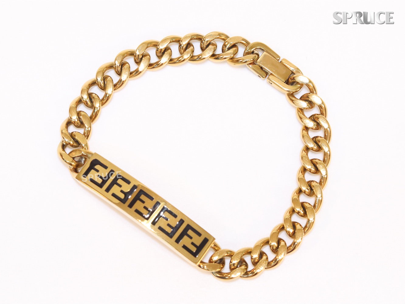 Alphabet F on plate gold link chain bracelet
