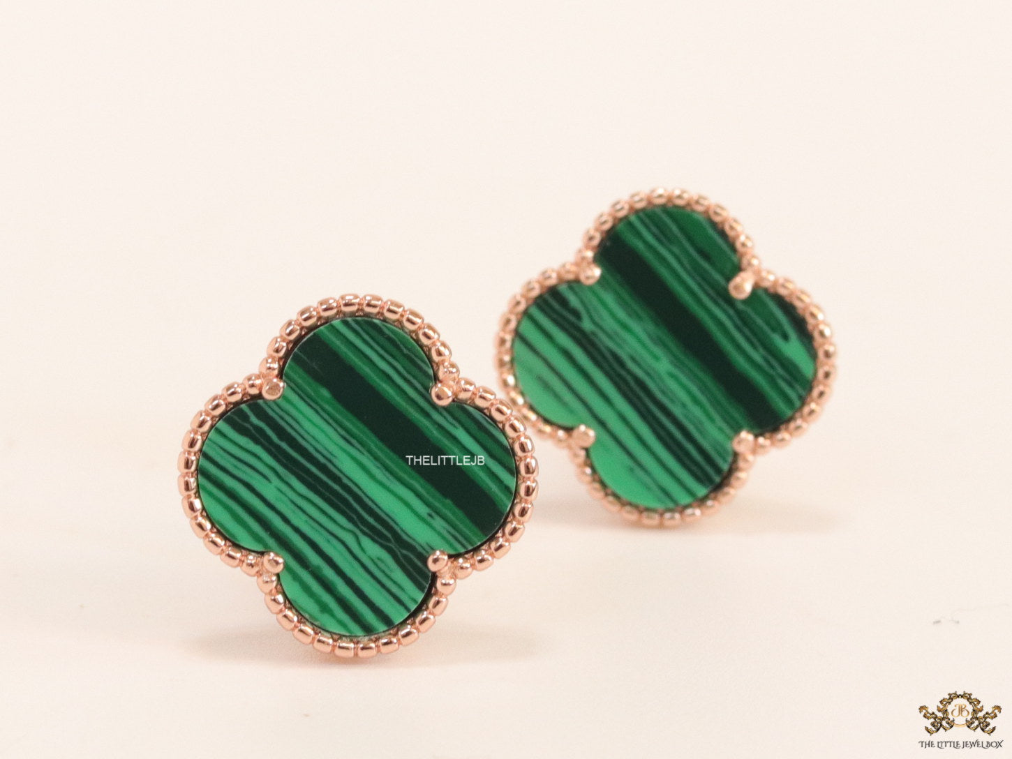 Malachite green clover stud earrings in rose gold plating