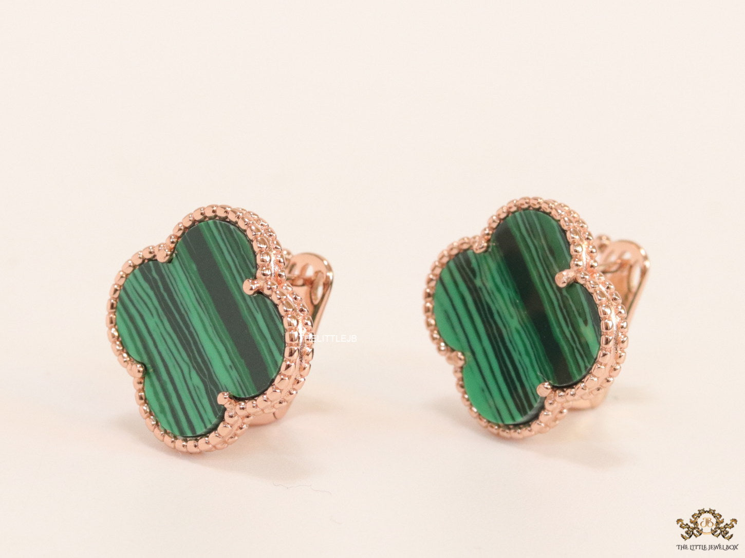 Malachite green clover stud earrings in rose gold plating