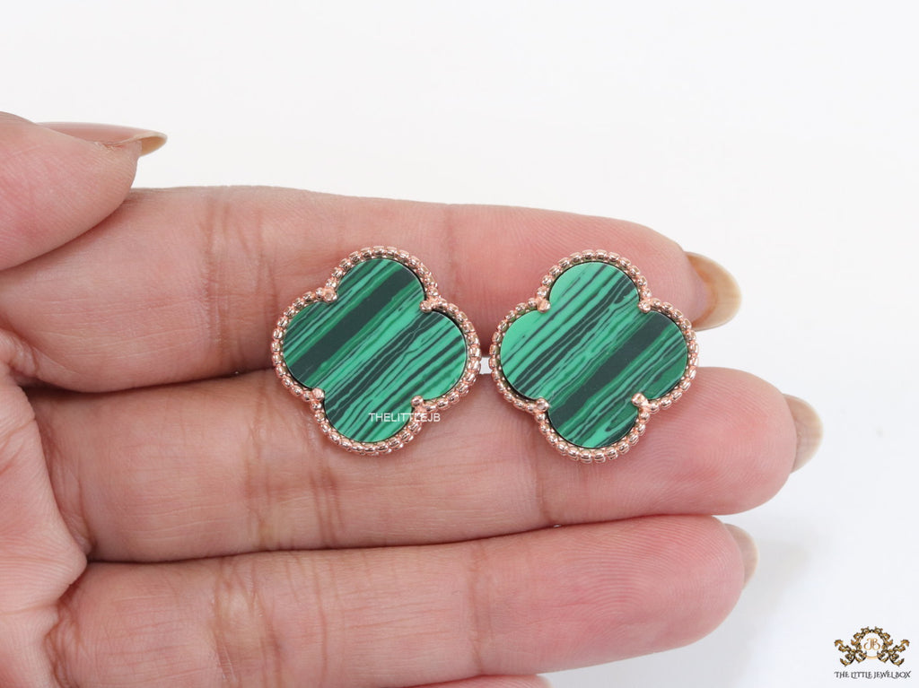 Malachite green clover stud earrings in rose gold plating