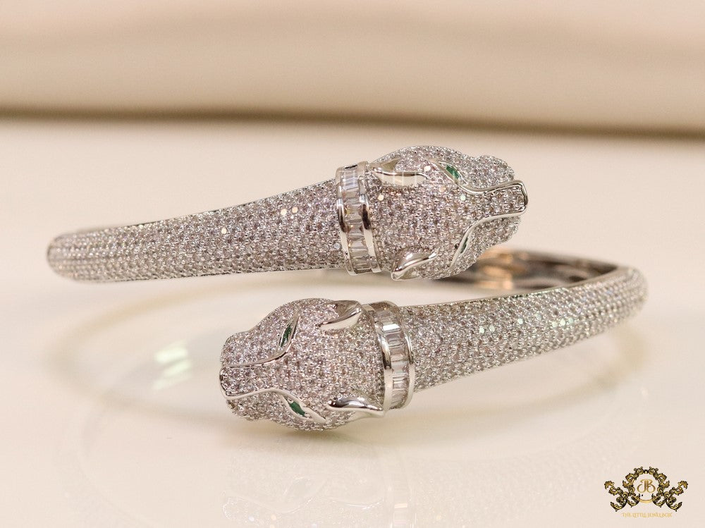Platinum plated cz twin panther openable bracelet