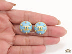 Blue and golden twin C motif round stud earrings