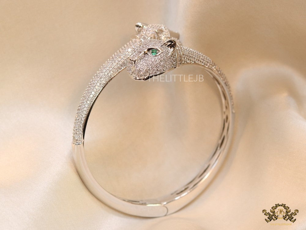 Platinum plated cz twin panther openable bracelet