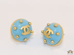 Blue and golden twin C motif round stud earrings