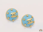 Blue and golden twin C motif round stud earrings