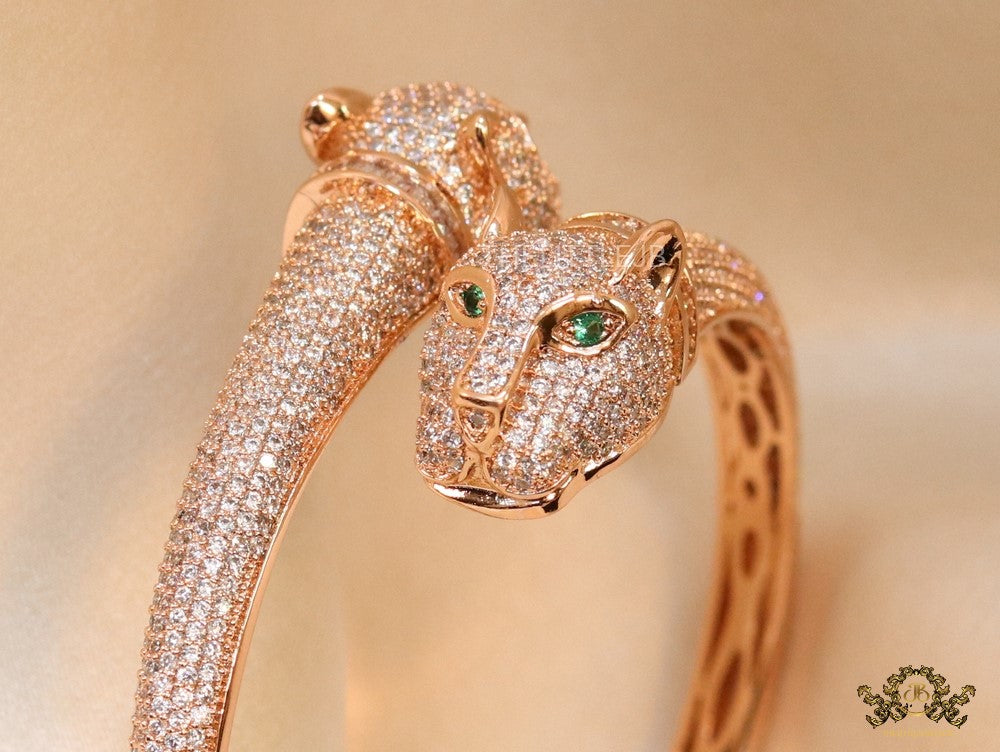 Rose gold plated cz twin panther openable  bracelet