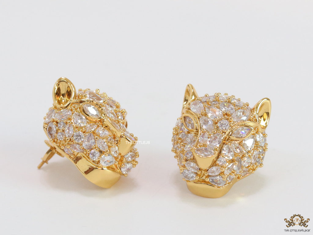 Panther head stud earrings in gold plating and cz