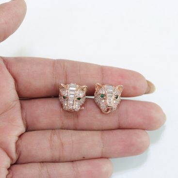 Cz panther stud earrings in rose gold finish and emerald green eyes