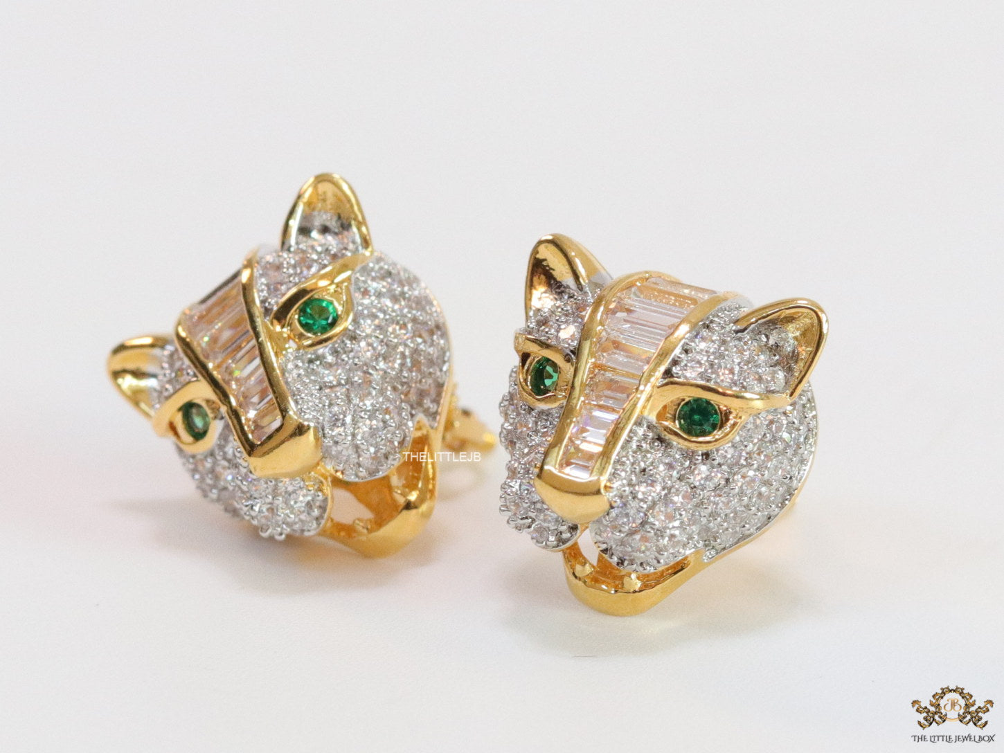 Cz panther stud earrings in gold finish and emerald green eyes