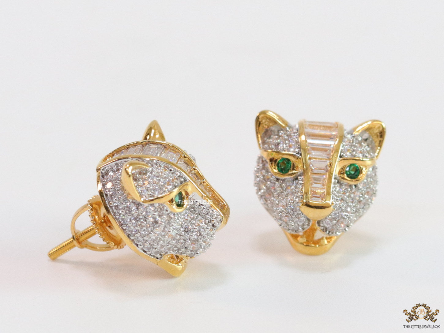 Cz panther stud earrings in gold finish and emerald green eyes