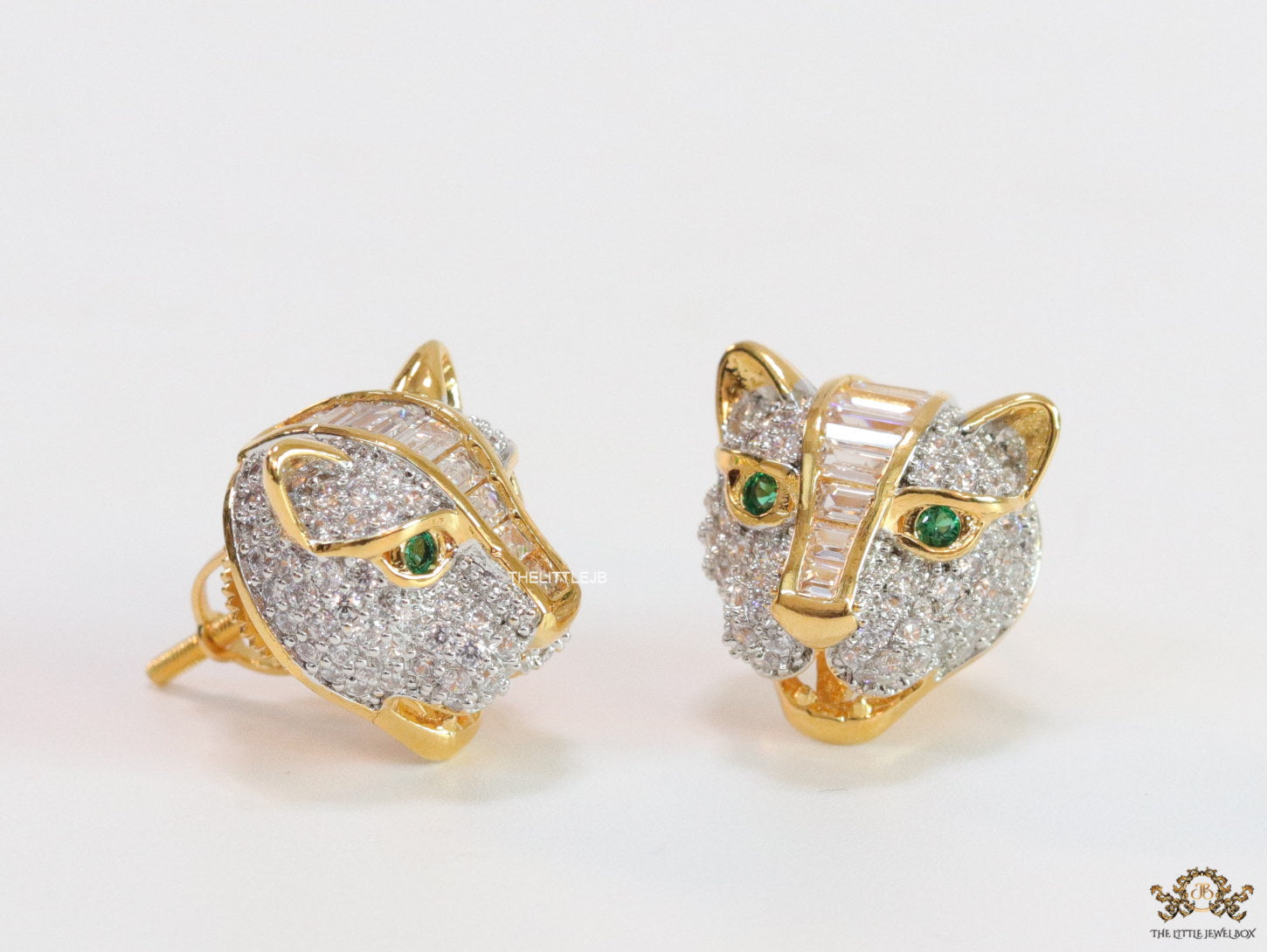 Cz panther stud earrings in gold finish and emerald green eyes