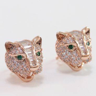 Cz panther stud earrings in rose gold finish and emerald green eyes