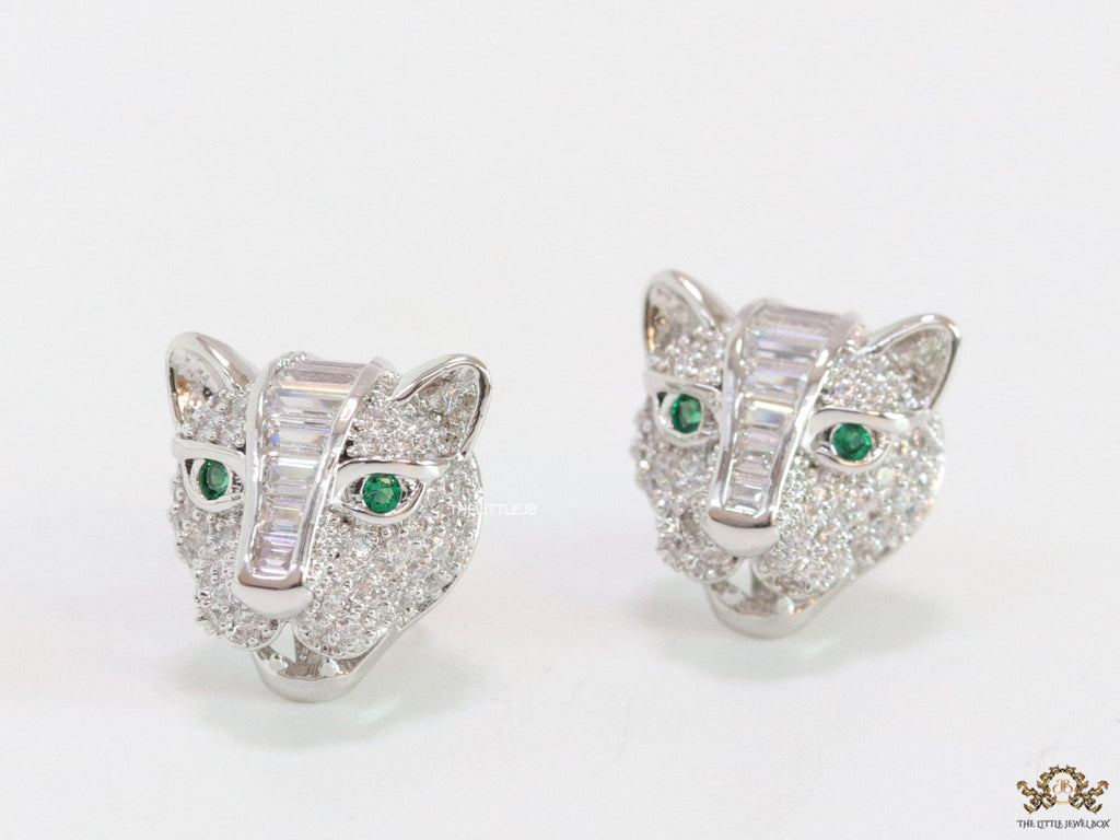 Cz panther stud earrings in platinum finish and emerald green eyes