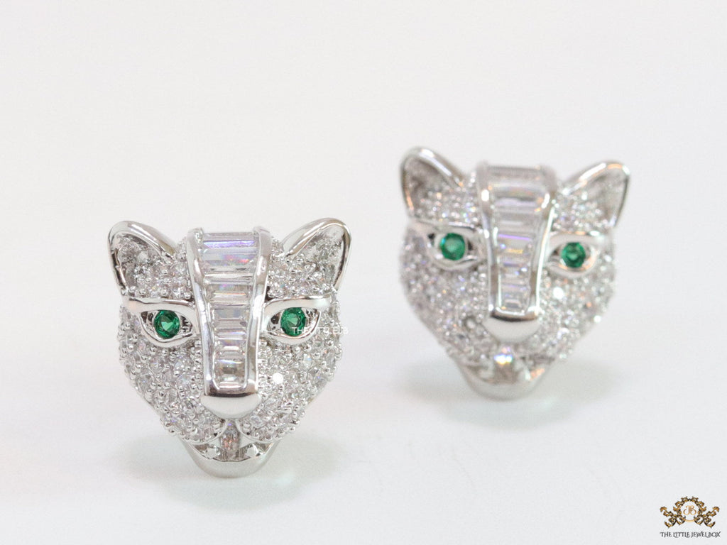 Cz panther stud earrings in platinum finish and emerald green eyes