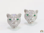 Cz panther stud earrings in platinum finish and emerald green eyes