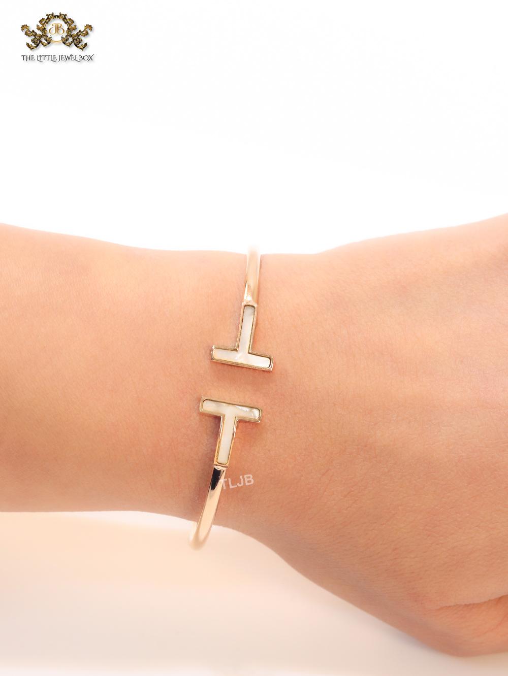 Alphabet T MOP and rose gold sleek bracelet