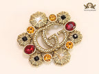 Double G embossed rustic brooch with multi coloured stones
