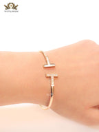 Alphabet T Half MOP and CZ rose gold sleek bracelet