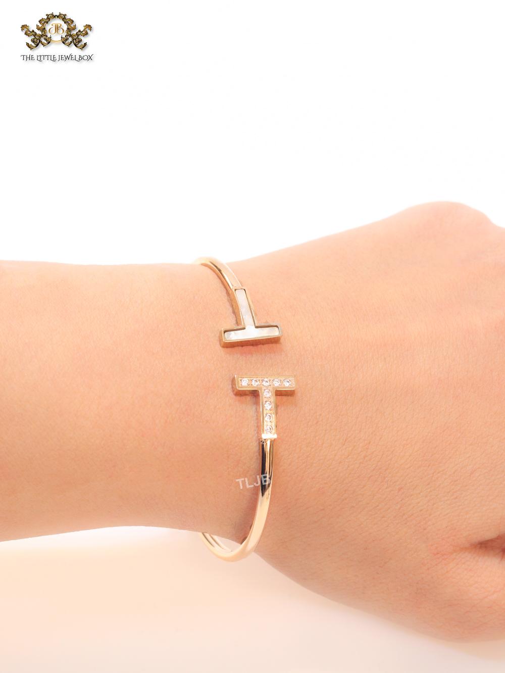 Alphabet T Half MOP and CZ rose gold sleek bracelet