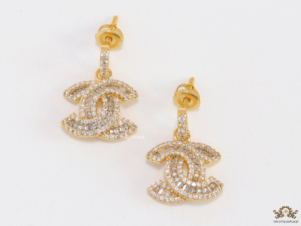 Gold plated cz dangle earrings with twin C motif