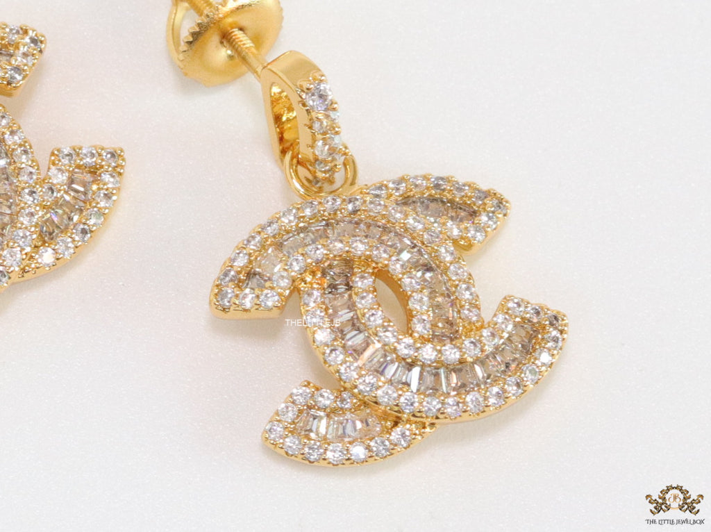 Gold plated cz dangle earrings with twin C motif