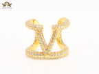 Large cz gold open alphabet V ring