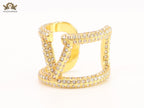 Large cz gold open alphabet V ring