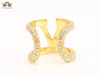 Large cz gold open alphabet V ring