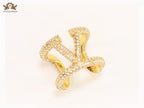 Large cz gold open alphabet V ring
