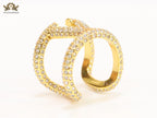 Large cz gold open alphabet V ring